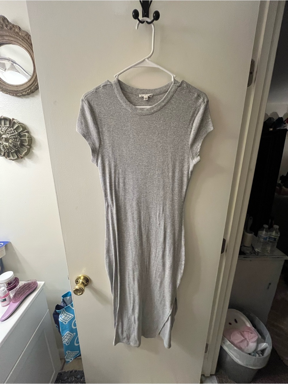 Casual Heather Gray Midi Tee Dress with Side Slit - Picture 2 of 5